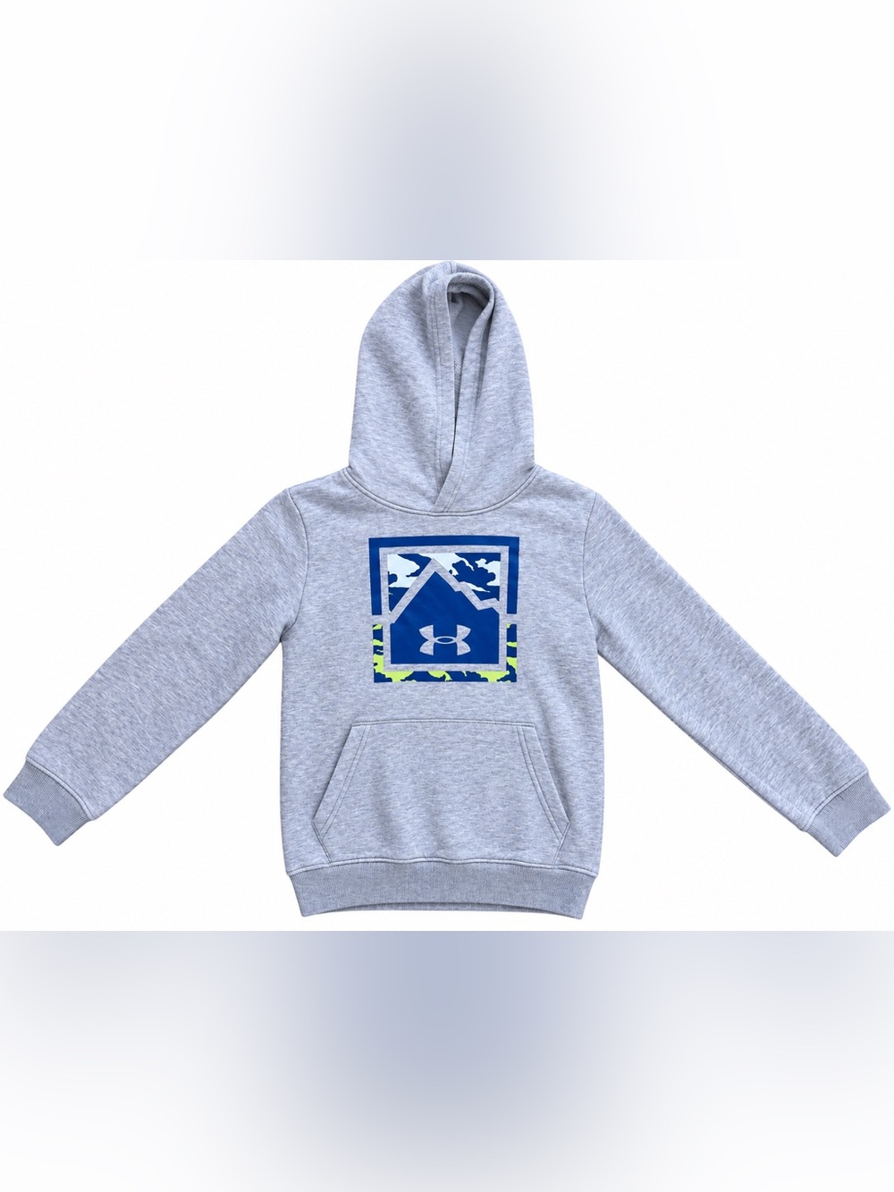 Under Armour Light Gray Pullover Hoodie with Blue & Neon Logo - Kids